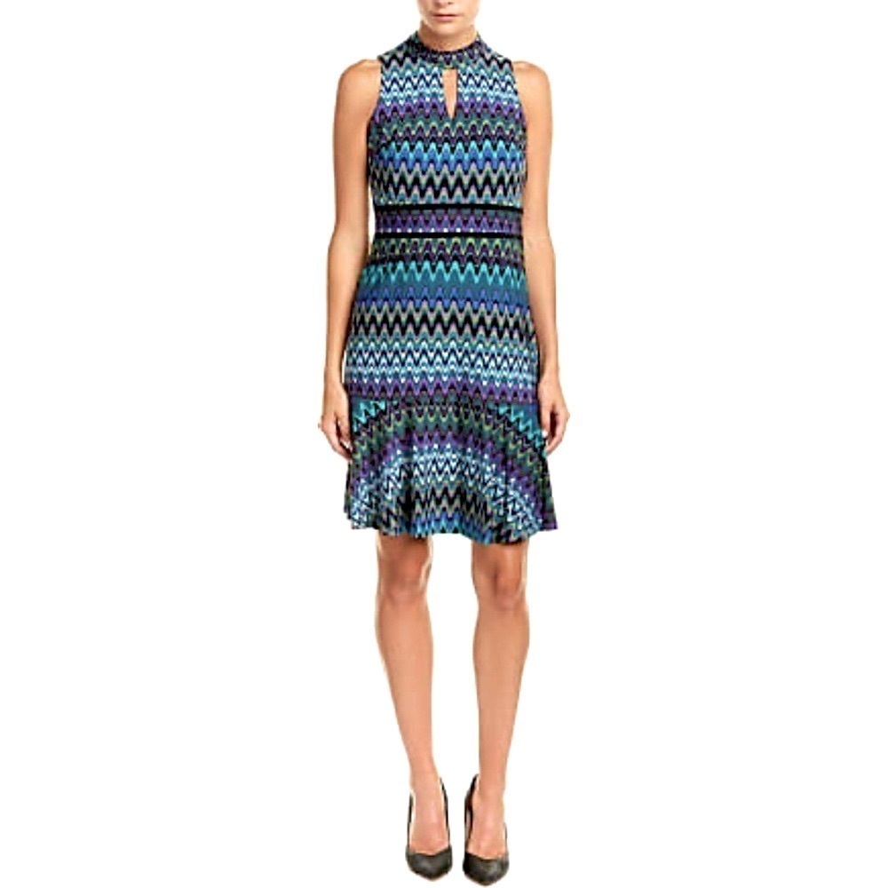 Taylor Dress Halter Neck Sleeveless midi with swing hem Peacock Colors sz 12